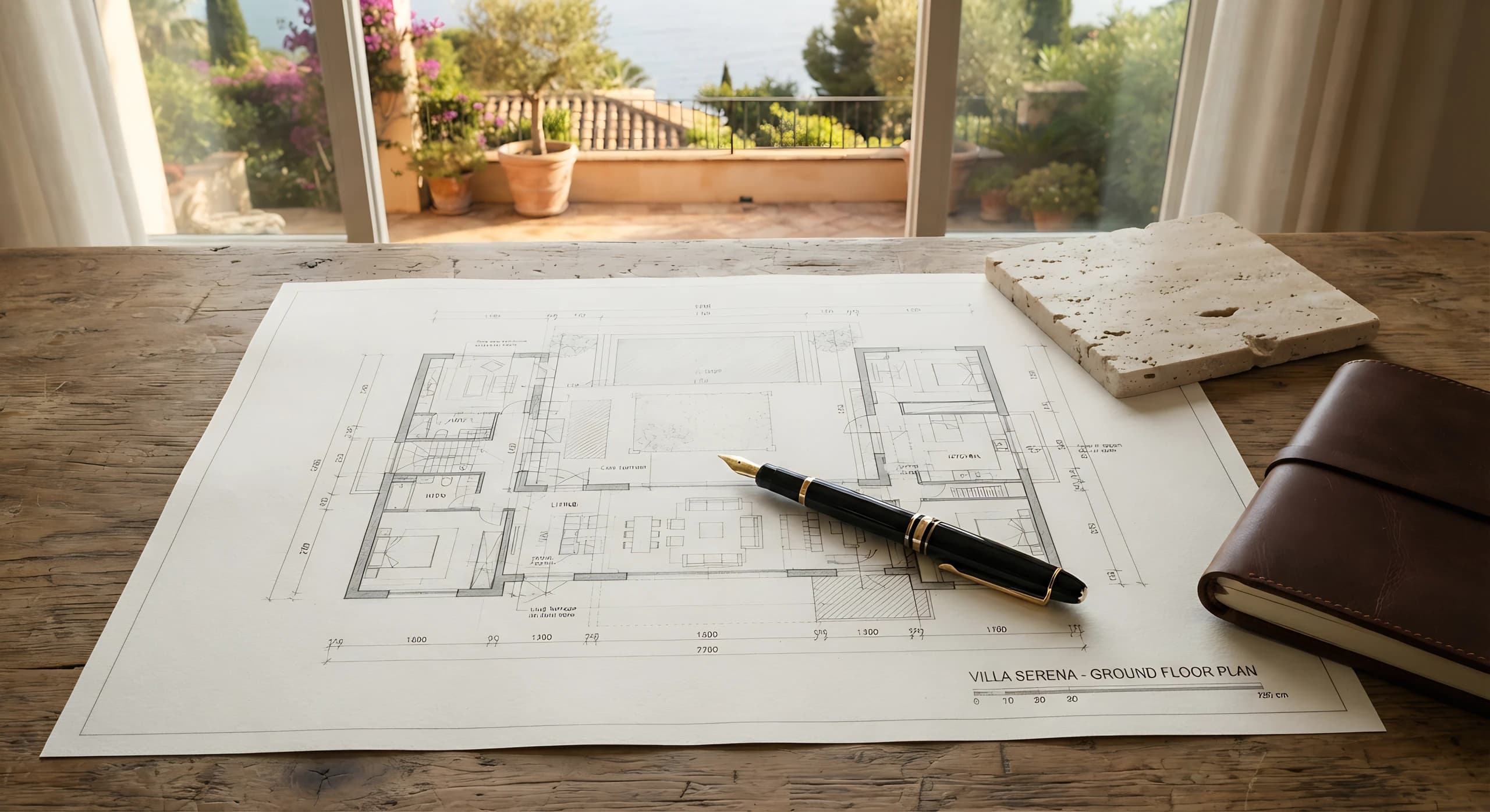 Architectural drawings with project materials and tools.