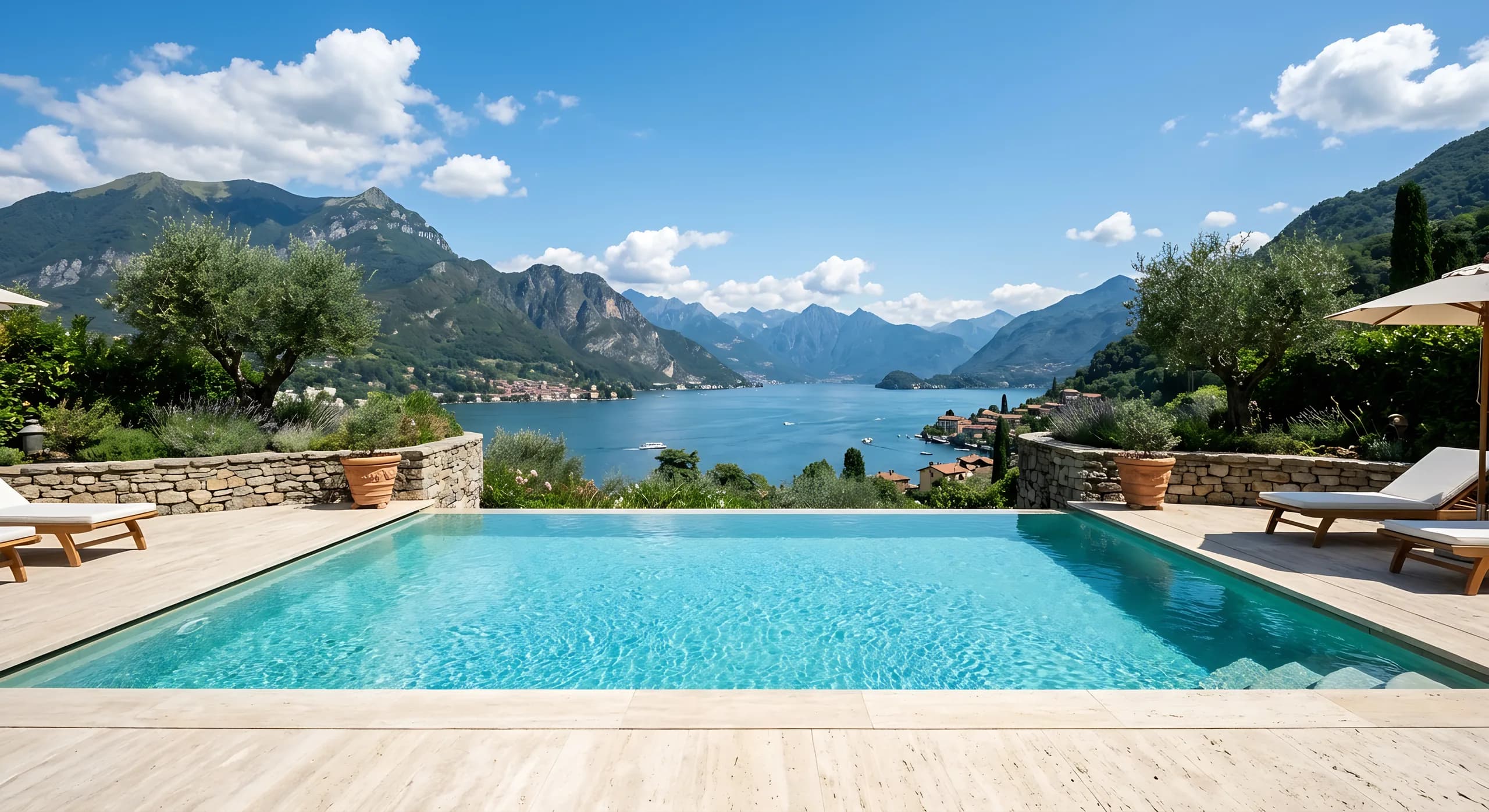 A villa swimming pool overlooking the lake and mountains.