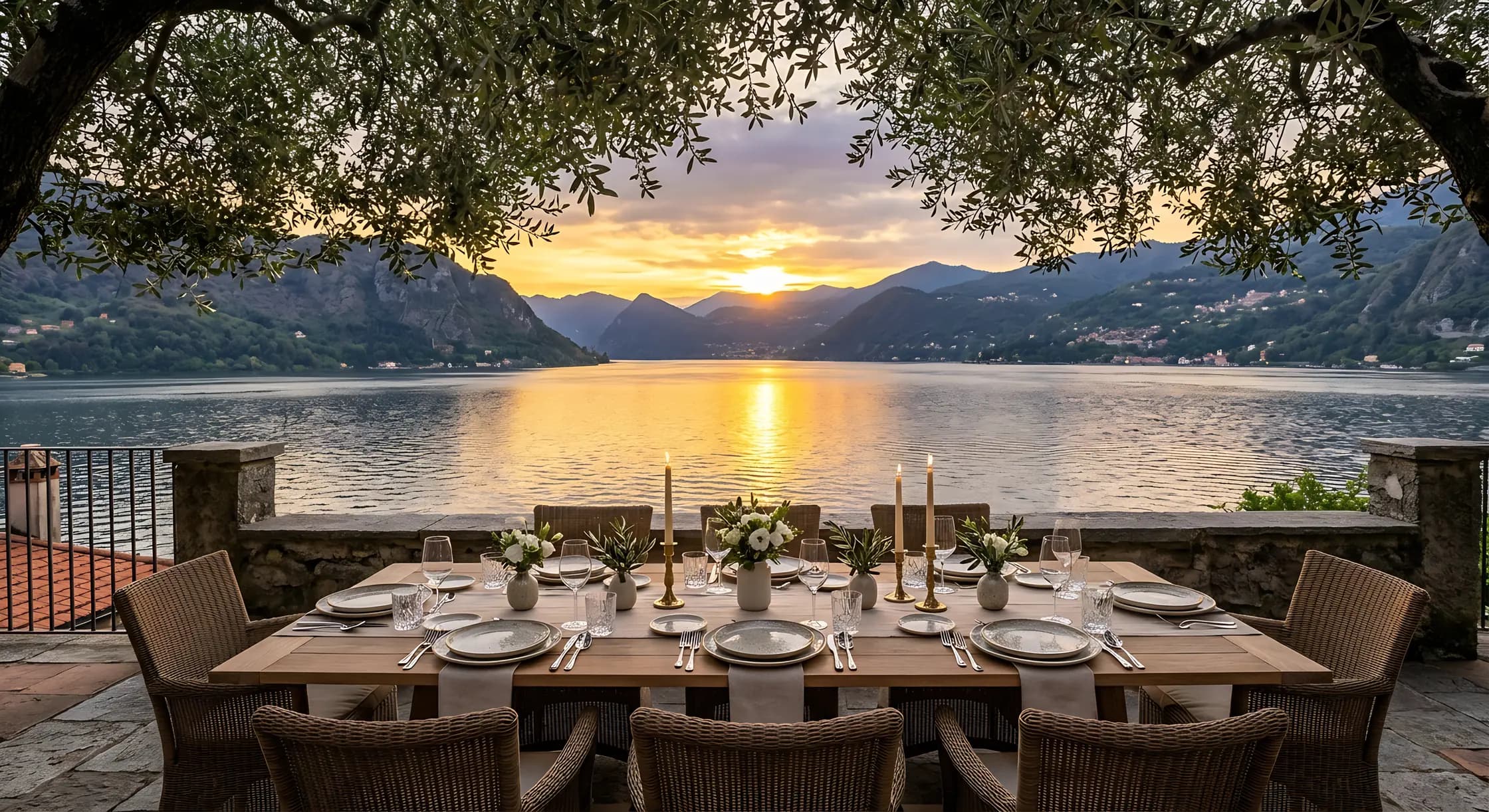 A dining table on a lakeside terrace at sunset.