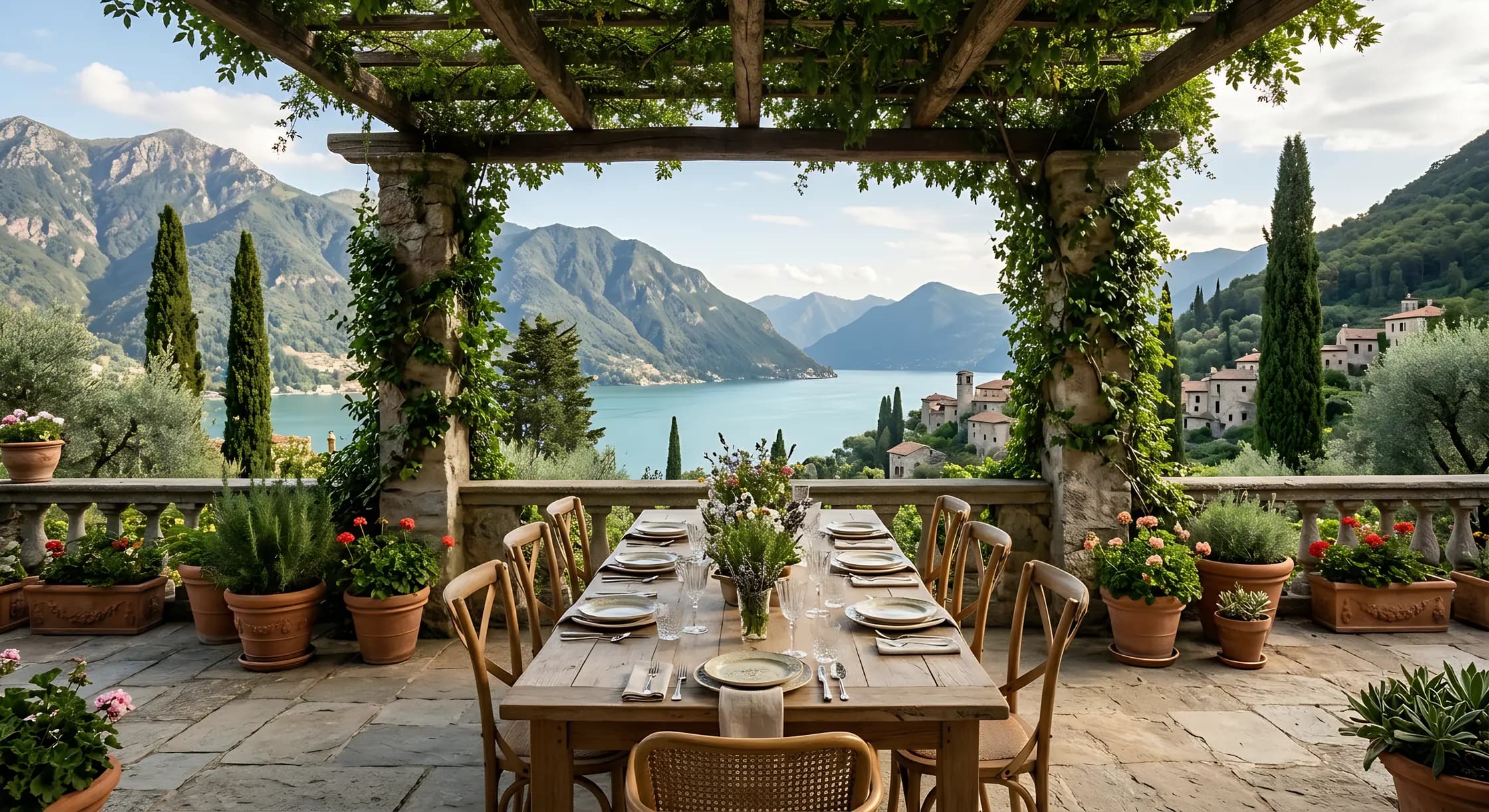 A pergola terrace overlooking the Italian countryside.