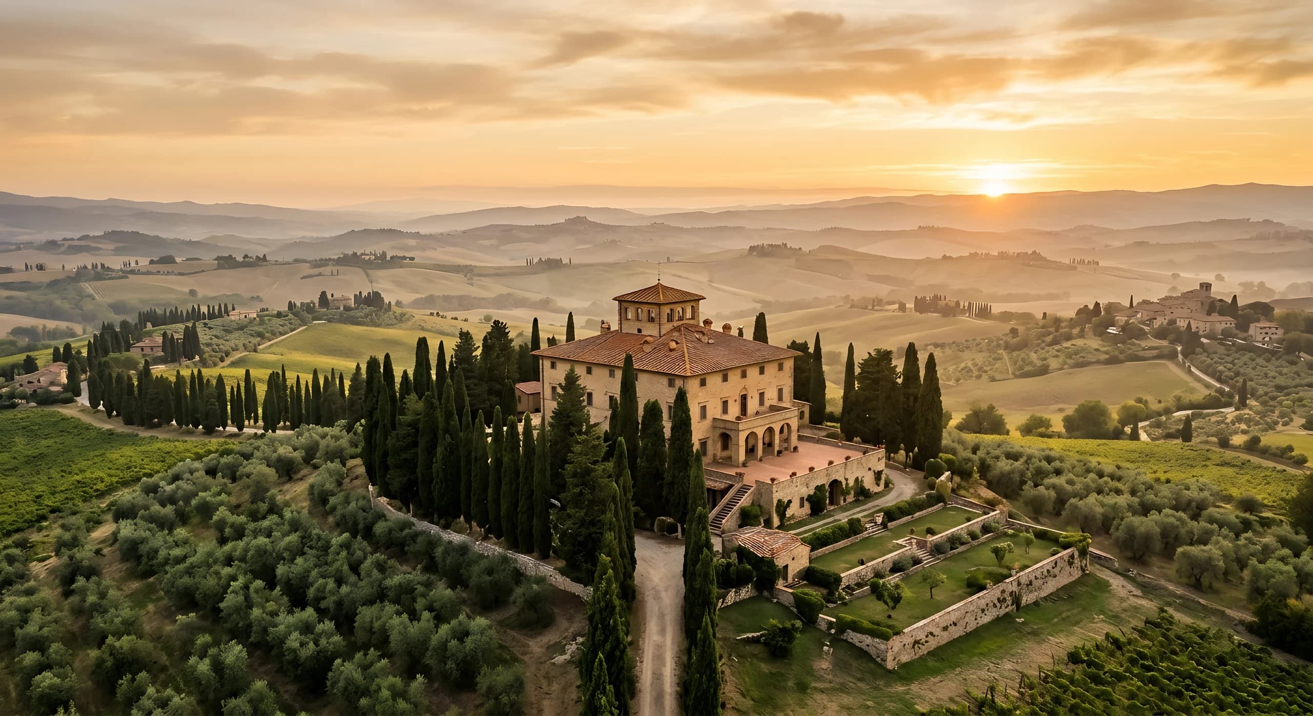 A Tuscan estate among hills and cypress trees at sunset.