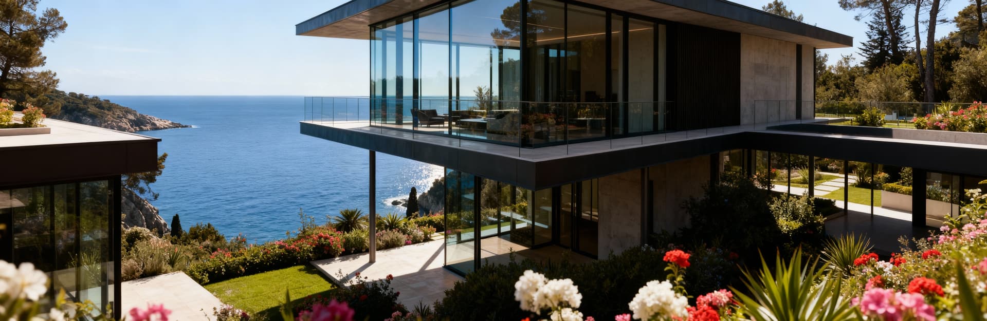 Villa moderna in vendita nel Lazio, con vetrate che riflettono il mare e giardino fiorito, offre vista panoramica sul paesaggio.