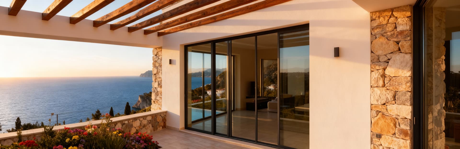 Villa di lusso con vista sulla costa amalfitana, ampie vetrate, dettagli in pietra e giardino fiorito, atmosfera serena.