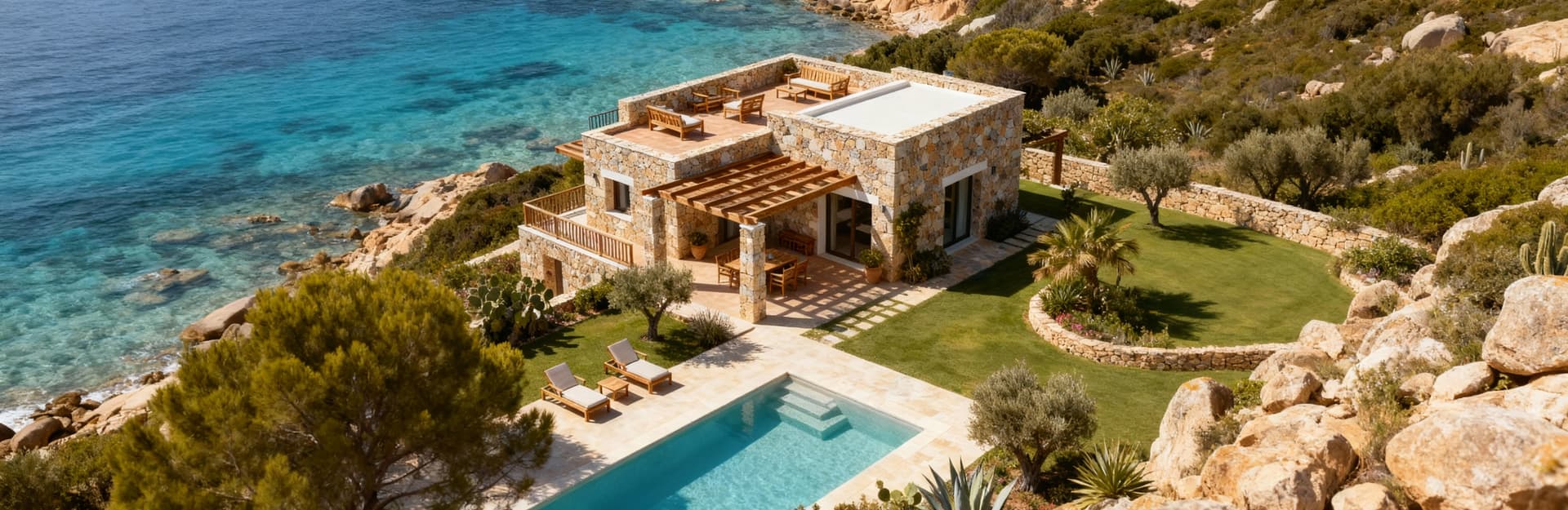 Villa di lusso in Sardegna con facciate in pietra, piscine e giardino, vista su acque cristalline e vegetazione mediterranea.