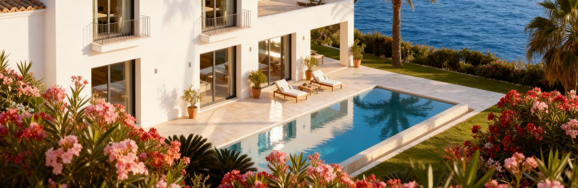 Villa di lusso con piscina a sfioro, circondata da palme e fiori, vista mare blu intenso in Puglia. Atmosfera di relax.