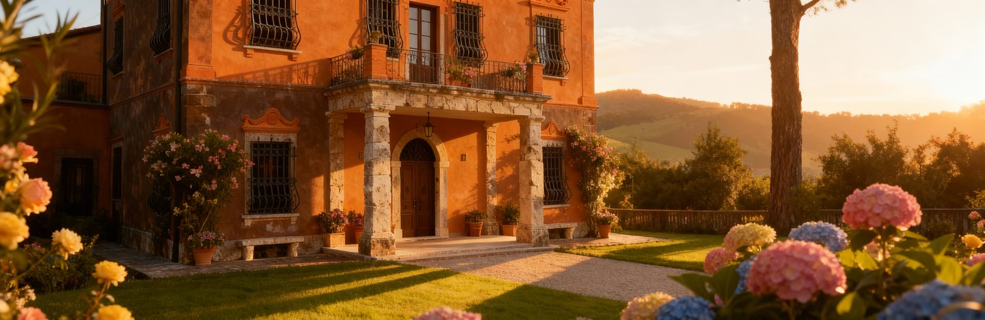 Villa storica in Veneto con elegante architettura e giardino fiorito, panorama collinare al tramonto.