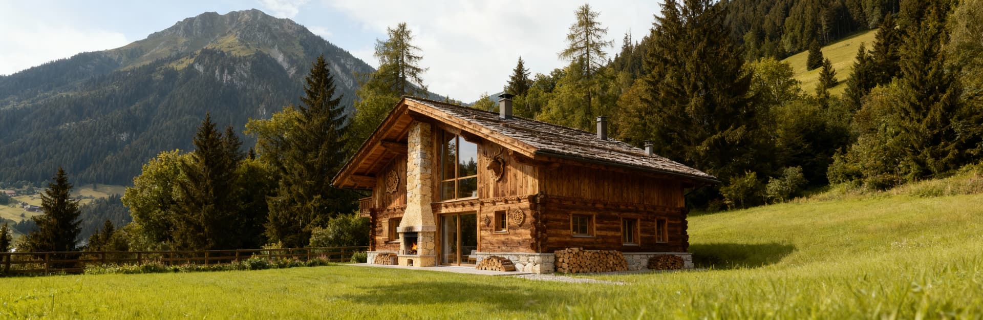 Chalet in legno di lusso nel Trentino-Alto Adige, circondato da natura, con tetto spiovente e ampie finestre.