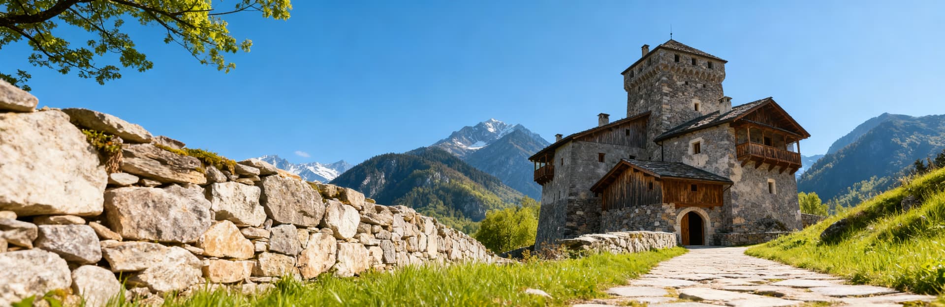 Castello di lusso ad Aosta circondato da una cornice montuosa, con un sentiero alberato e sfumature verdi in primavera.