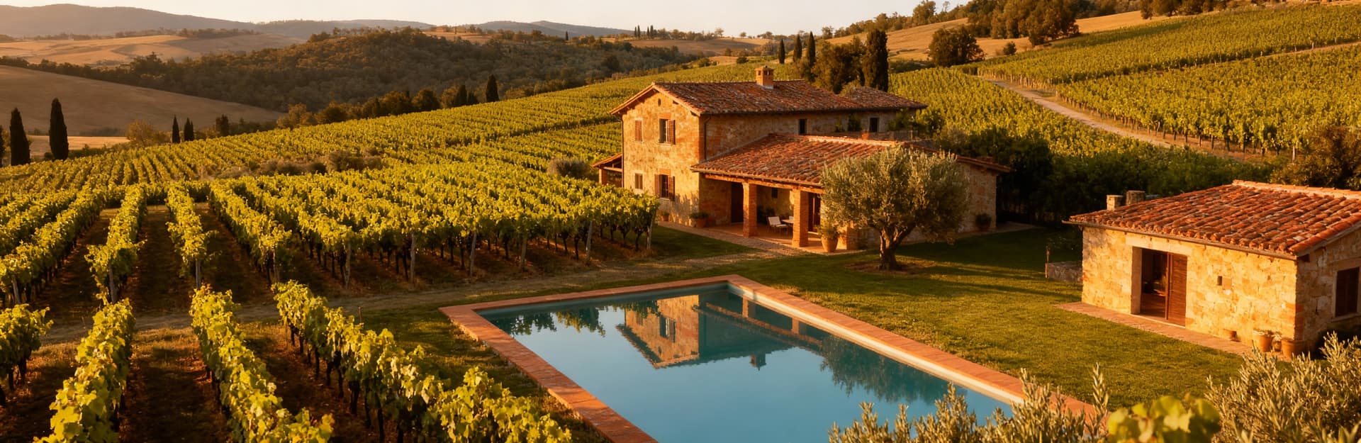 Villa di lusso ad Arezzo, immersa nella natura toscana, con dettagli architettonici in cotto, vigneti, uliveti e piscina.