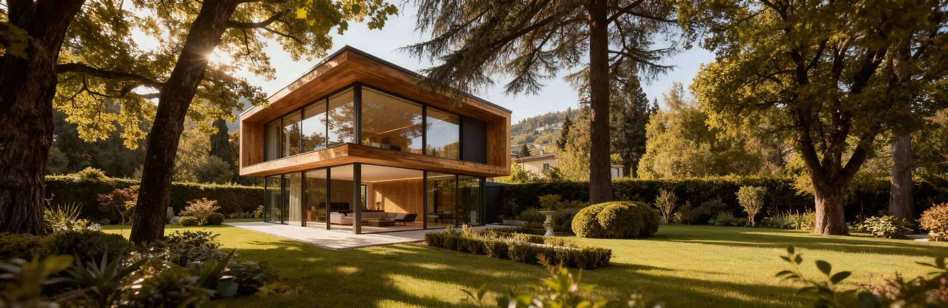 Villa di lusso moderna a Bergamo, circondata da giardini, con struttura in vetro e legno, luce calda tra gli alberi.