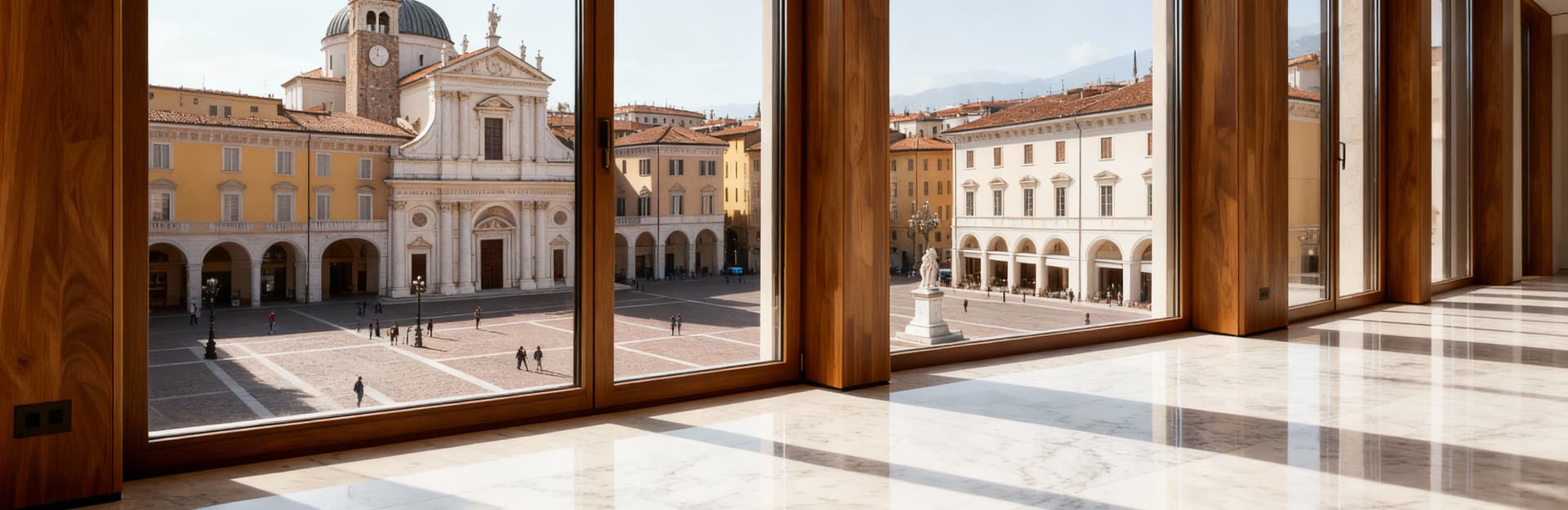 Interno di un attico lussuoso a Brescia, con vista sulla piazza, luce naturale che esalta legno e marmo, design moderno e classico.