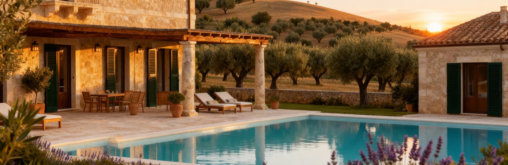 Villa storica a Brindisi immersa in uliveti, con piscina e giardini, luce del tardo pomeriggio esalta pietra e legno.