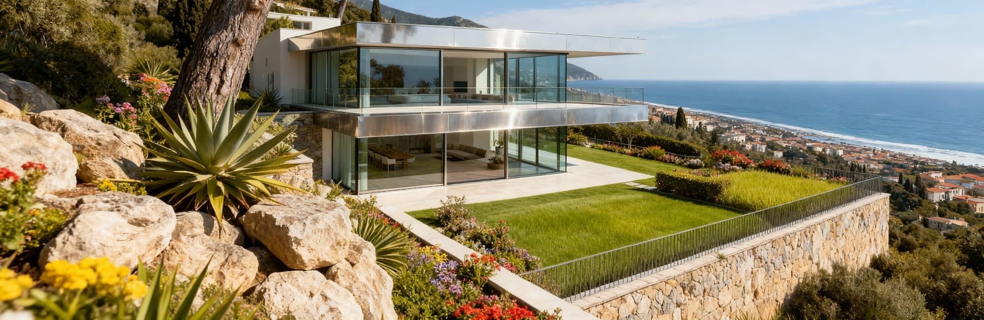Villa moderna con vista mare a Imperia, in vetro e acciaio, nel panorama della Riviera dei Fiori. Terrazze e giardini curati.