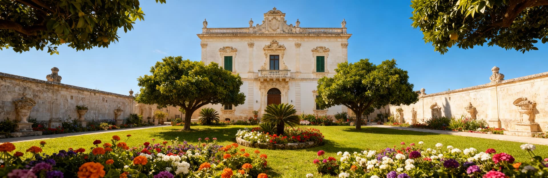 Villa storica a Lecce con giardino lussureggiante e dettagli barocchi, illuminata da una mattina serena e cielo azzurro.