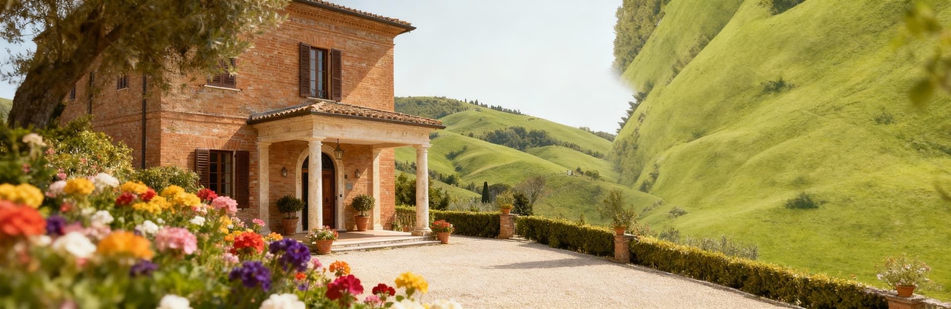 Dimora storica a Perugia con facciate in mattoni, portico elegante e fiori all'ingresso, circondata da colline verdi.