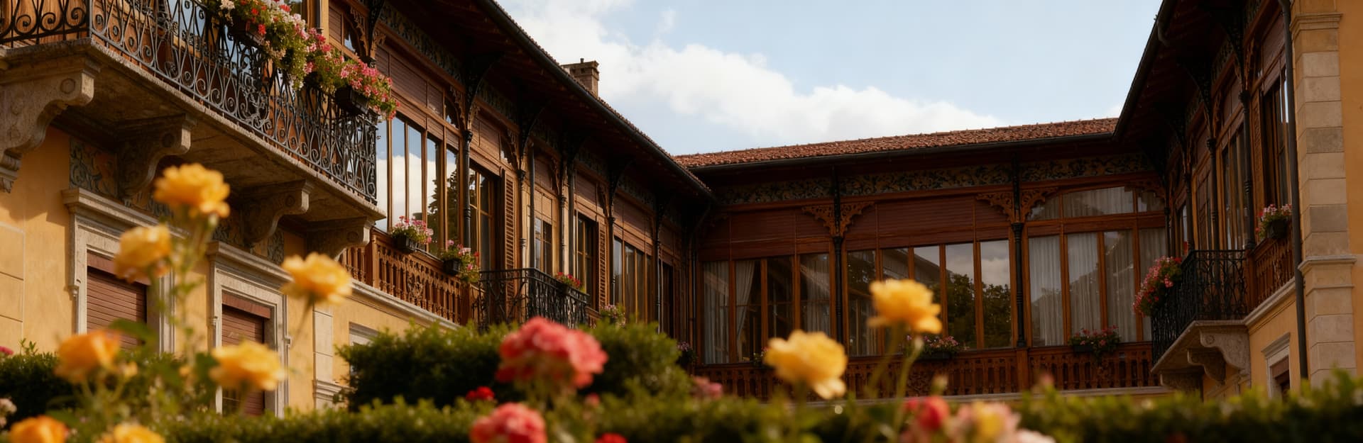 Elegante villa liberty a Novara, circondata da un giardino fiorito e dettagli architettonici in legno e ferro battuto.