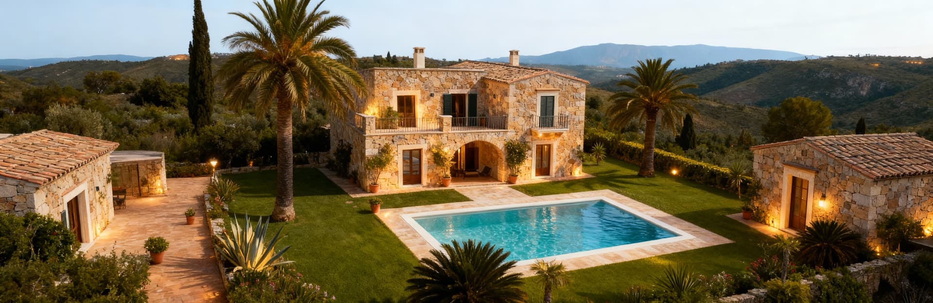 Villa di lusso a Palermo, vista aerea su giardino curato e piscina, immersa nel verde delle colline con palme ondeggianti.
