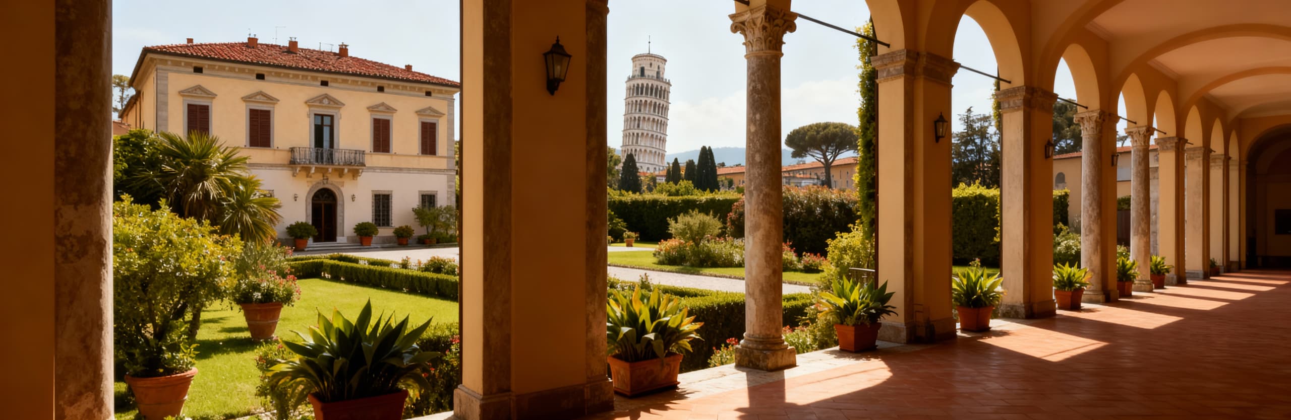 Panorama di una villa di lusso a Pisa con la Torre pendente sullo sfondo e giardini rigogliosi in primo piano.