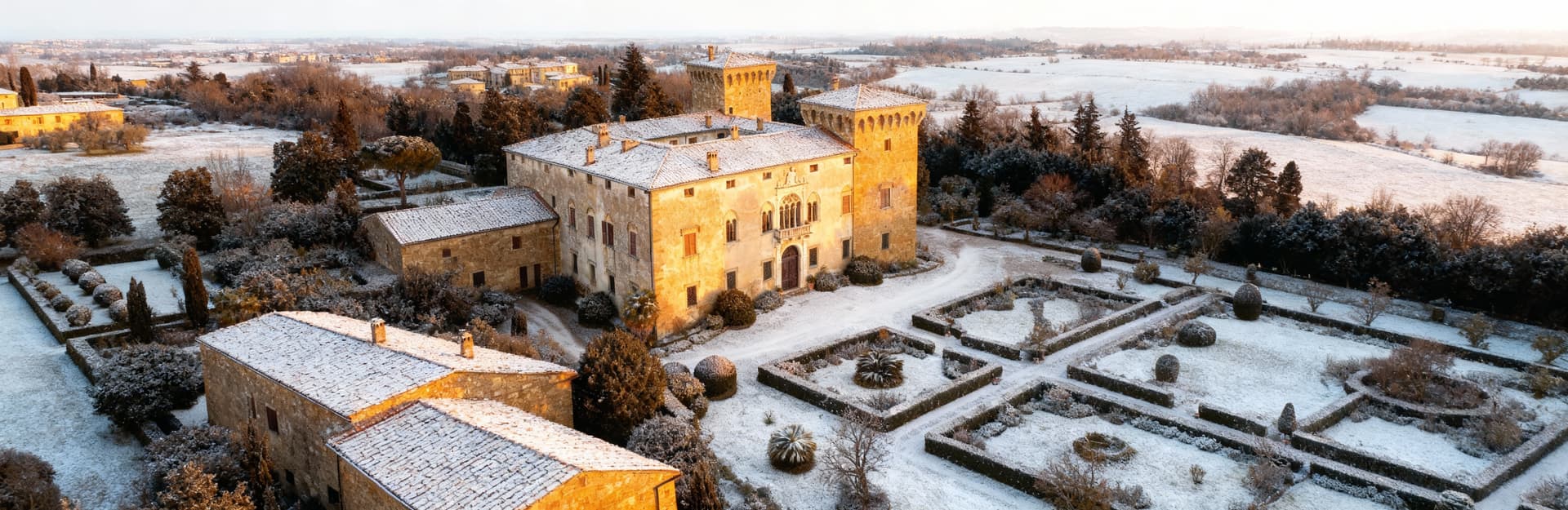 Castello elegante a Prato immerso in una luce invernale, circondato da giardini lussureggianti e dettagli architettonici storici.