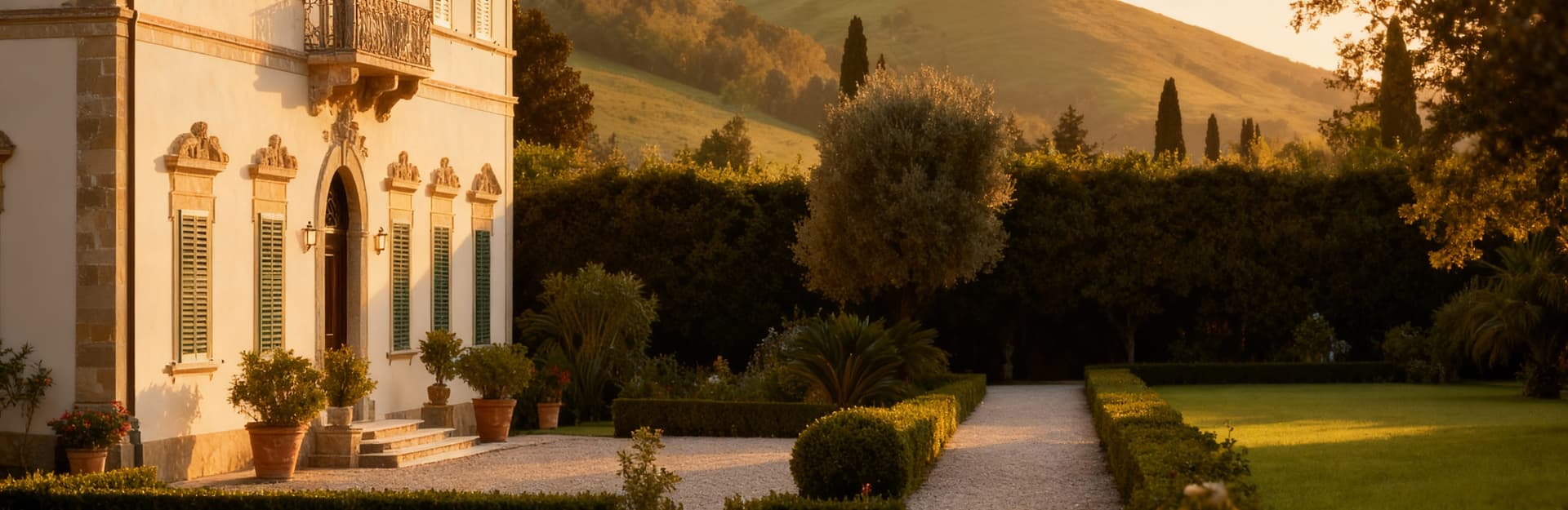 Luce dorata del pomeriggio su una dimora storica a Pistoia, con giardini curati e colline serene a cornice.
