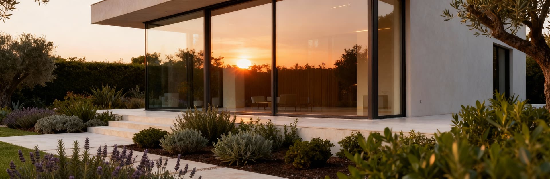 Villa moderna a Taranto con giardino mediterraneo e dettagli architettonici eleganti, illuminata dai colori caldi del tramonto.