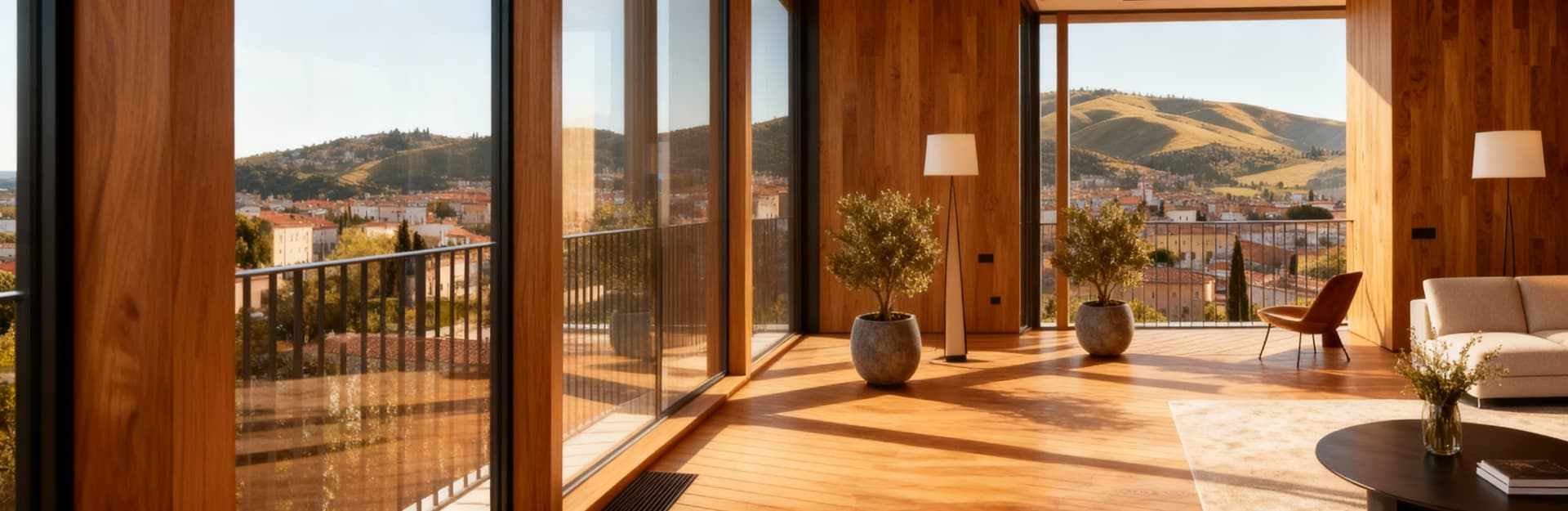 Attico di lusso a Terni con vista sulle colline umbre e interni moderni in legno e vetro, illuminati dalla luce del mattino.