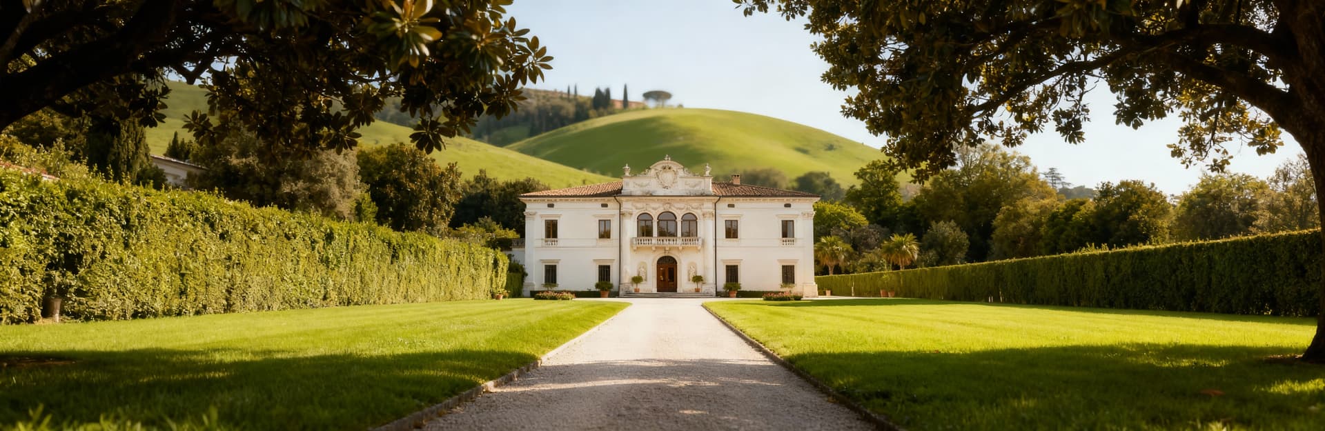 Vialetto che conduce all'ingresso di una dimora palladiana a Vicenza, circondata da giardini e colline verdi.
