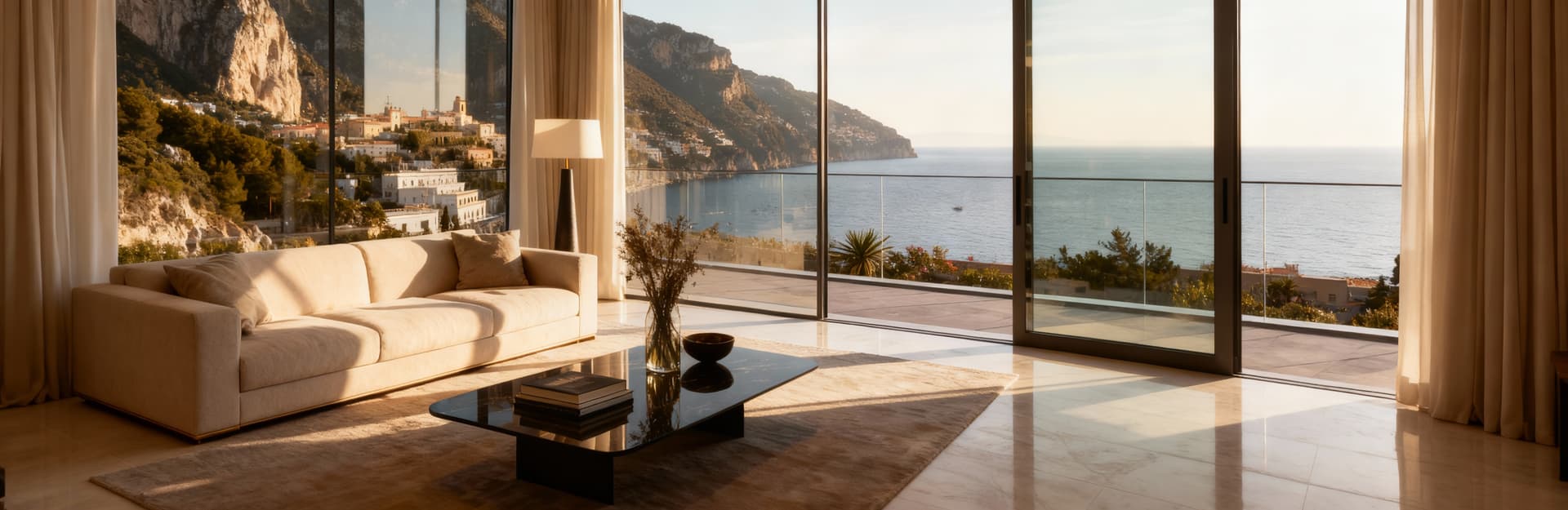 Elegante attico con vista sulla Costiera Amalfitana, interni moderni e pareti in vetro che si integrano con l'esterno.