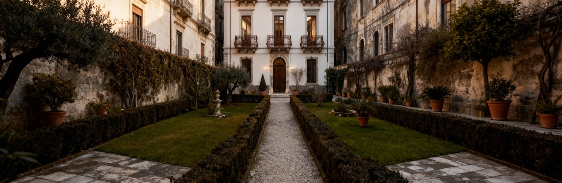Immobili di lusso a Catanzaro, con facciate chiare e balconi in ferro battuto, circondati da giardini curati e storia.