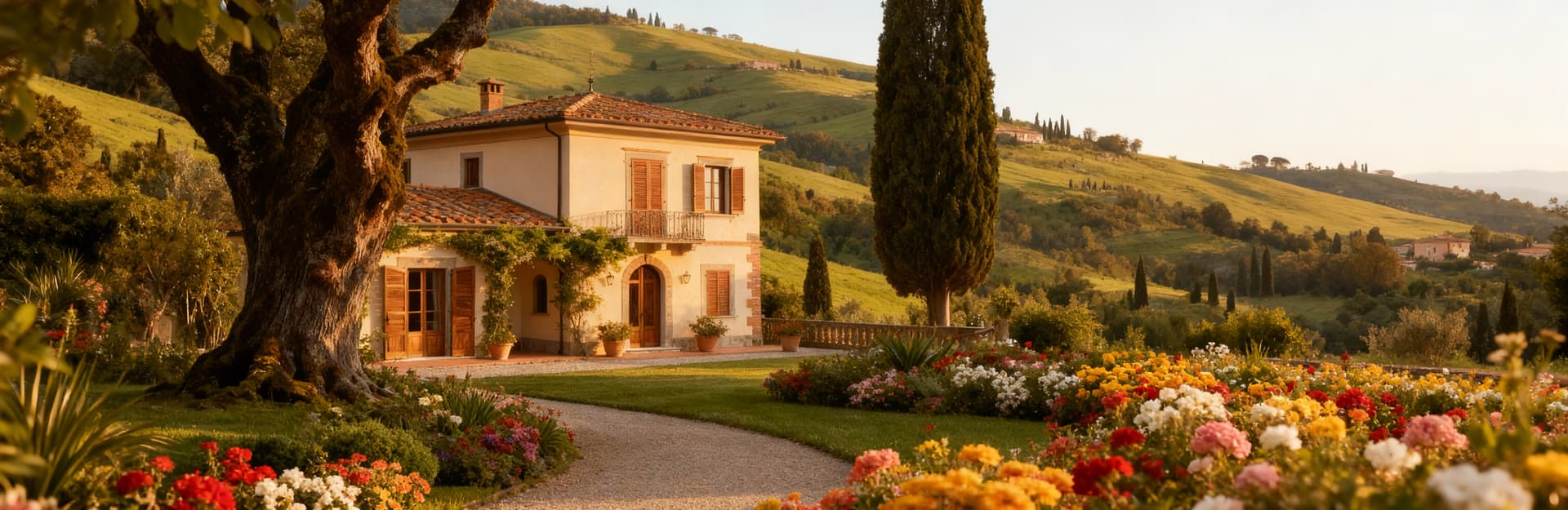 Elegante villa di lusso a Lucca, circondata da verdi colline, con giardino fiorito e dettagli in cotto e legno.