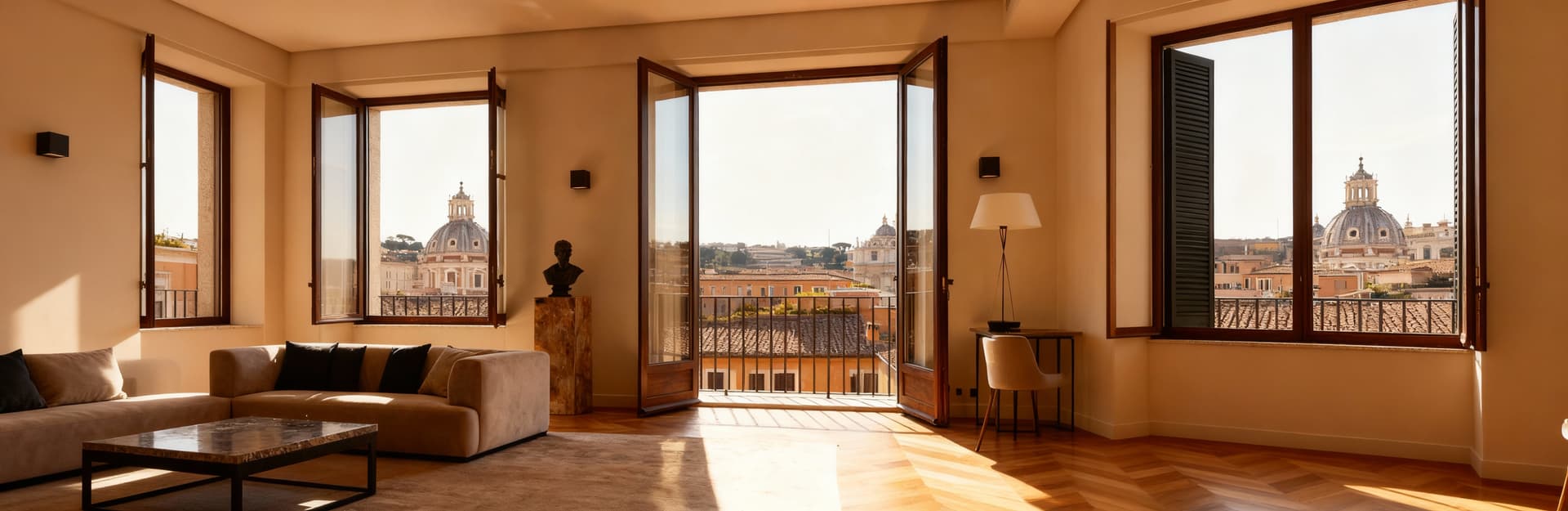 Attico di lusso a Roma con grandi finestre che offrono una vista sui monumenti storici e interni raffinati.