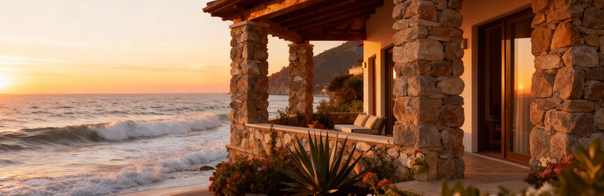 Dettaglio di una villa di lusso a Imperia, vista mare al tramonto, giardino curato e onde che si infrangono dolcemente.