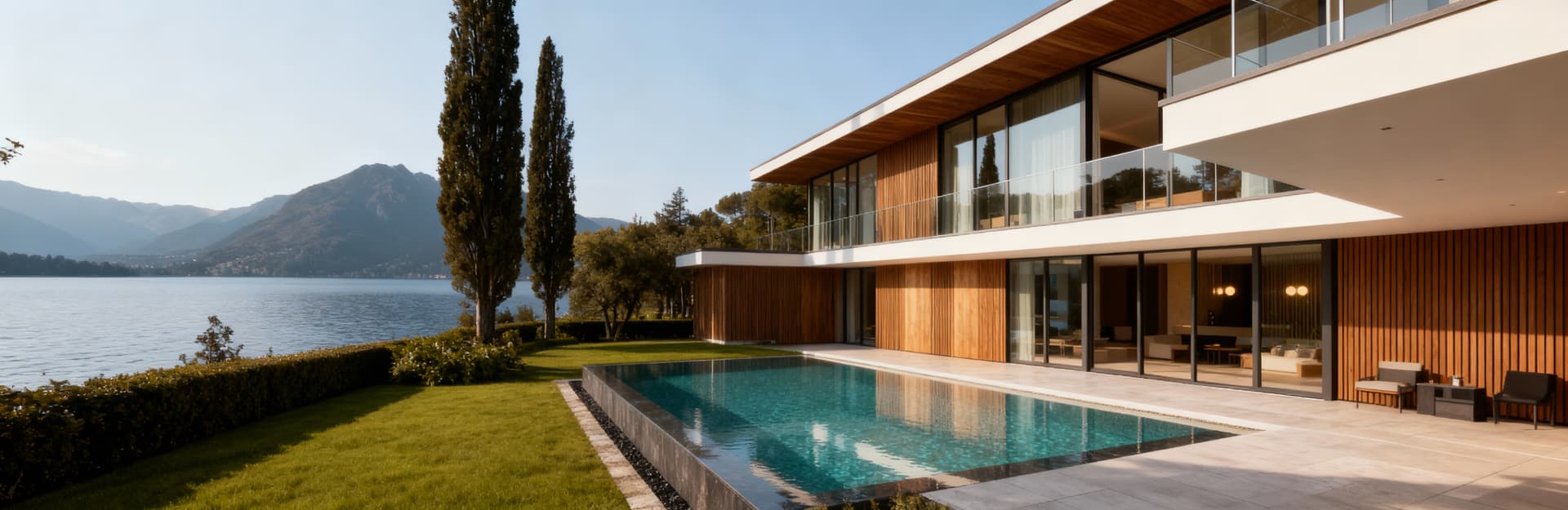 Villa moderna sul Lago Maggiore, design contemporaneo, vista mozzafiato su acque e montagne, luce del mattino.