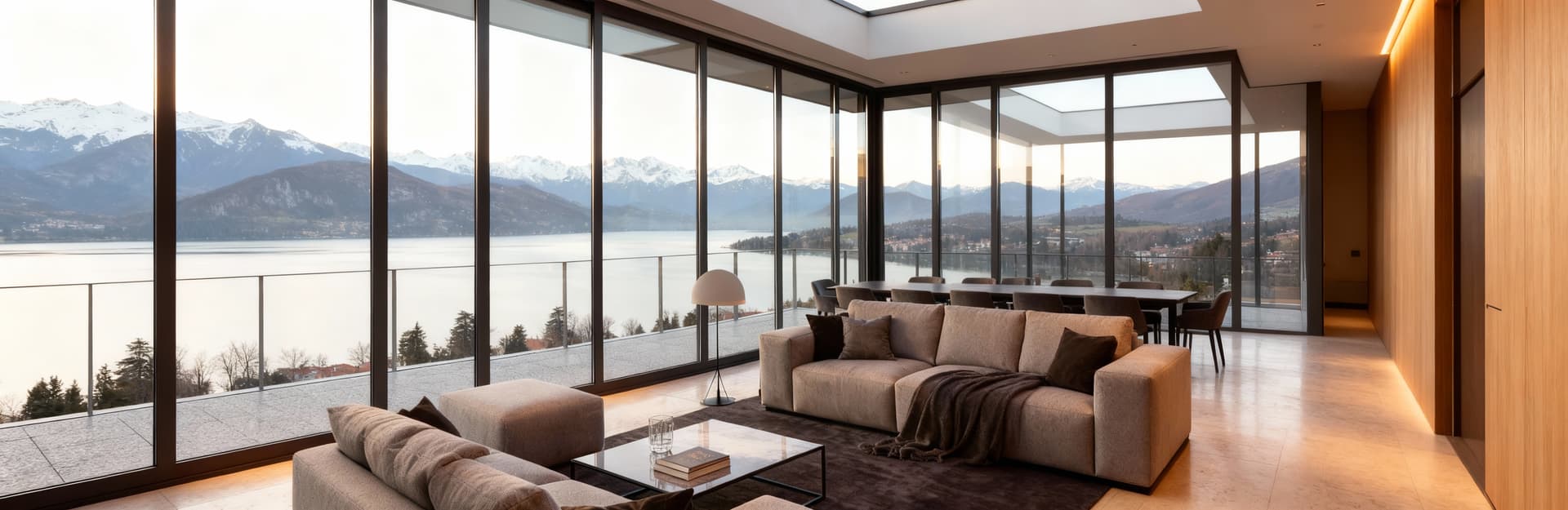 Attico di lusso a Varese con vista sui laghi e Alpi, interni moderni e luminosi caratterizzati da ampie vetrate.