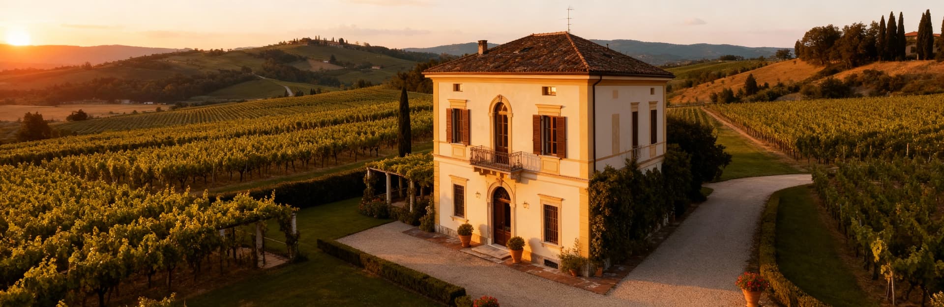 Elegante villa ad Alessandria con giardini lussureggianti, immersa in un panorama di colline e vigneti al tramonto.