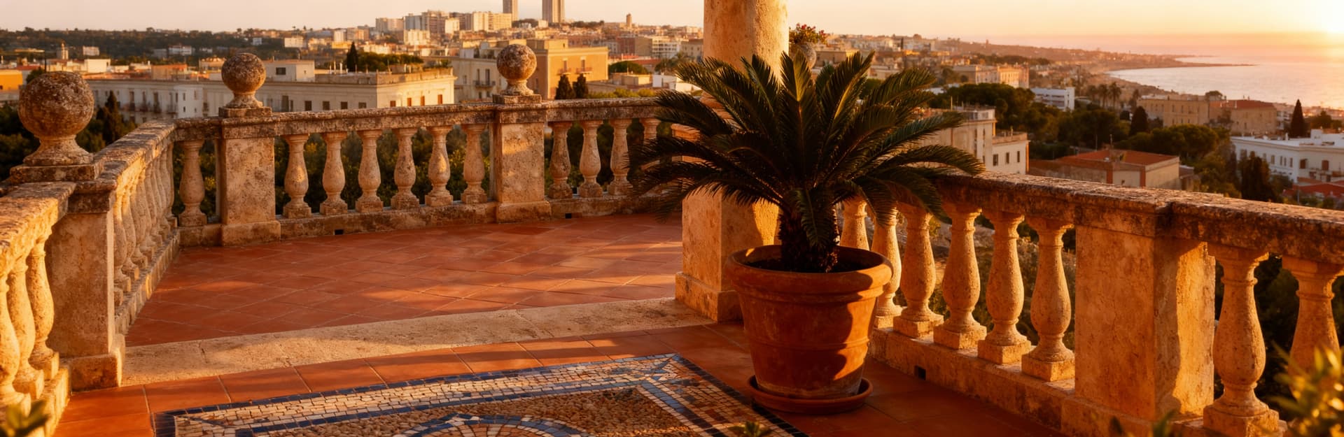 Patio elegante di una villa a Taranto, con pavimenti in cotto e mosaici, illuminato dalla luce del tardo pomeriggio.