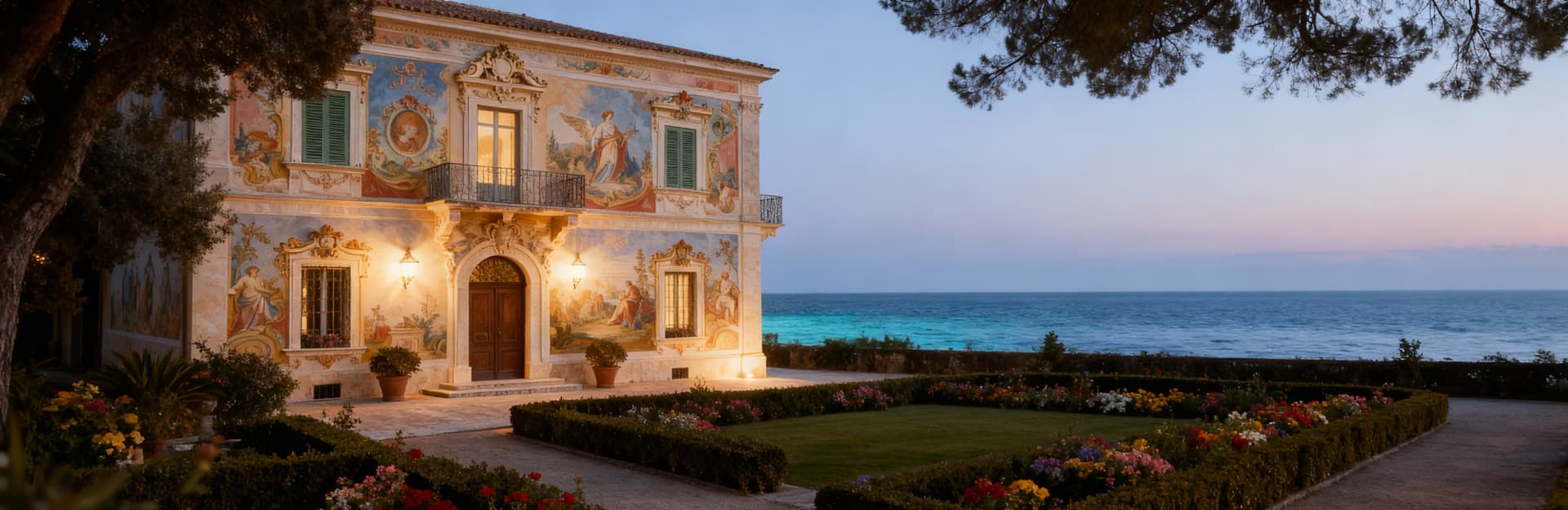 Villa storica a Brindisi con affreschi barocchi e giardino fiorito, mentre in lontananza si staglia il mare cristallino.