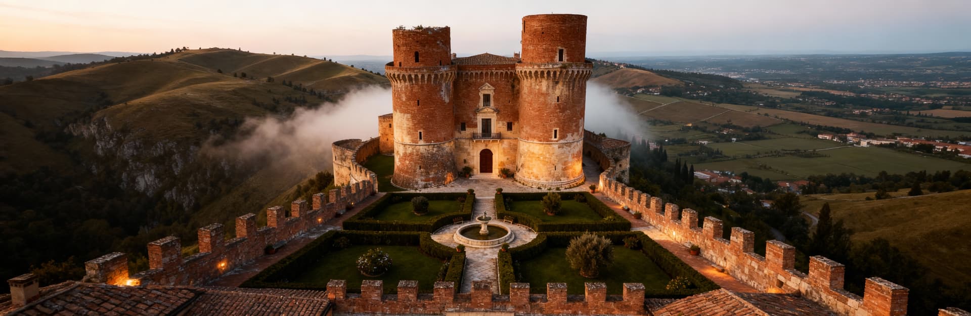 Castello storico a Enna, circondato da colline e un panorama incantevole, con un giardino curato e un velo di misteriosa foschia.
