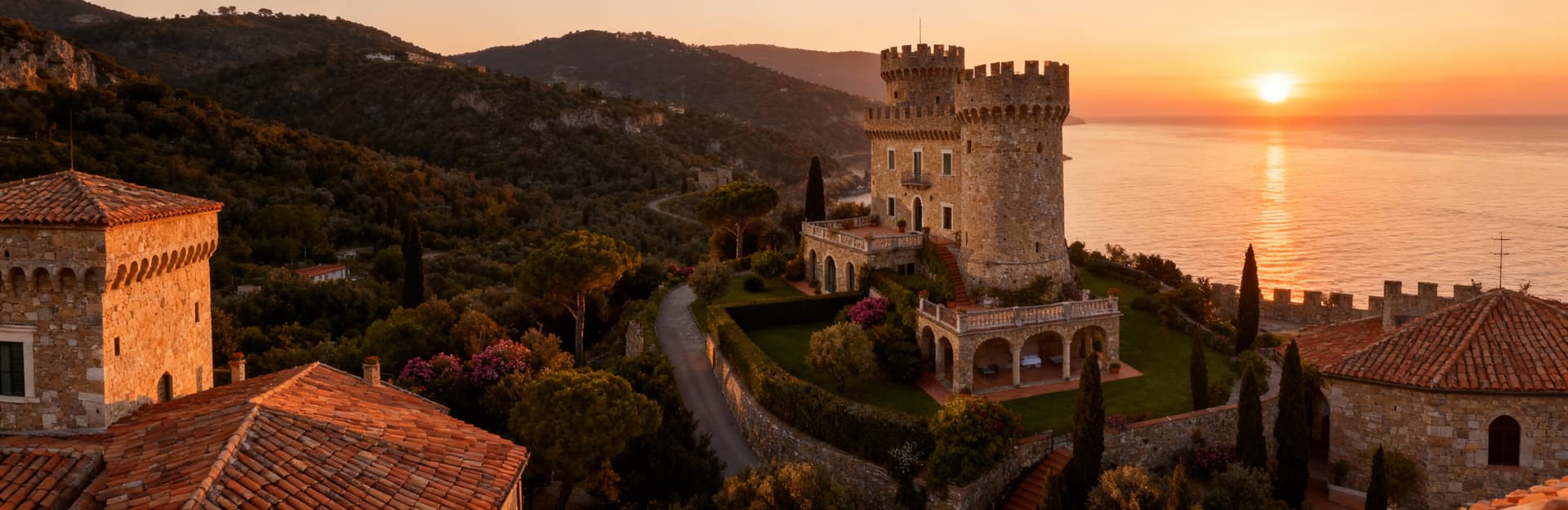 Castello panoramico all'Argentario, affacciato sul mare, immerso in un paesaggio naturale, illuminato dall'alba.