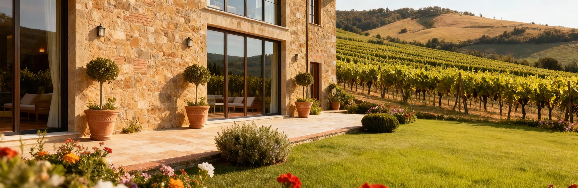 Villa di lusso nel Chianti, circondata da vigneti e un giardino fiorito, con facciata in pietra e ampie finestre.