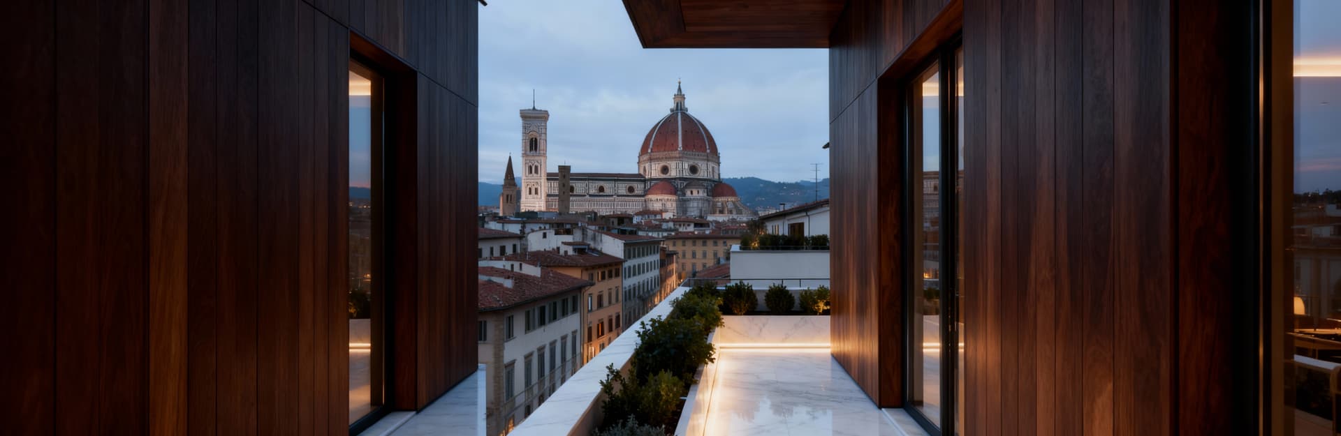 Elegante attico a Firenze con terrazza panoramica, circondato da storici edifici, finiture in legno scuro e marmo.