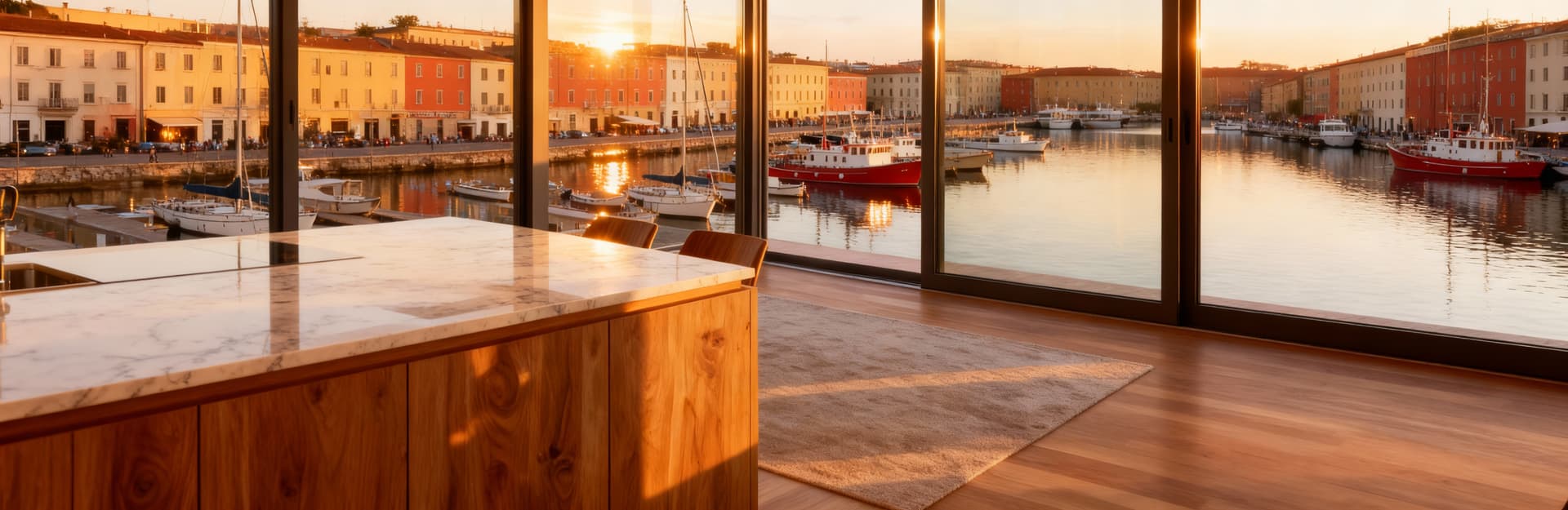 Attico panoramico a Livorno, vetrate sul porto, luce dorata su arredi in legno e superfici in marmo. Atmosfera urbana vivace.