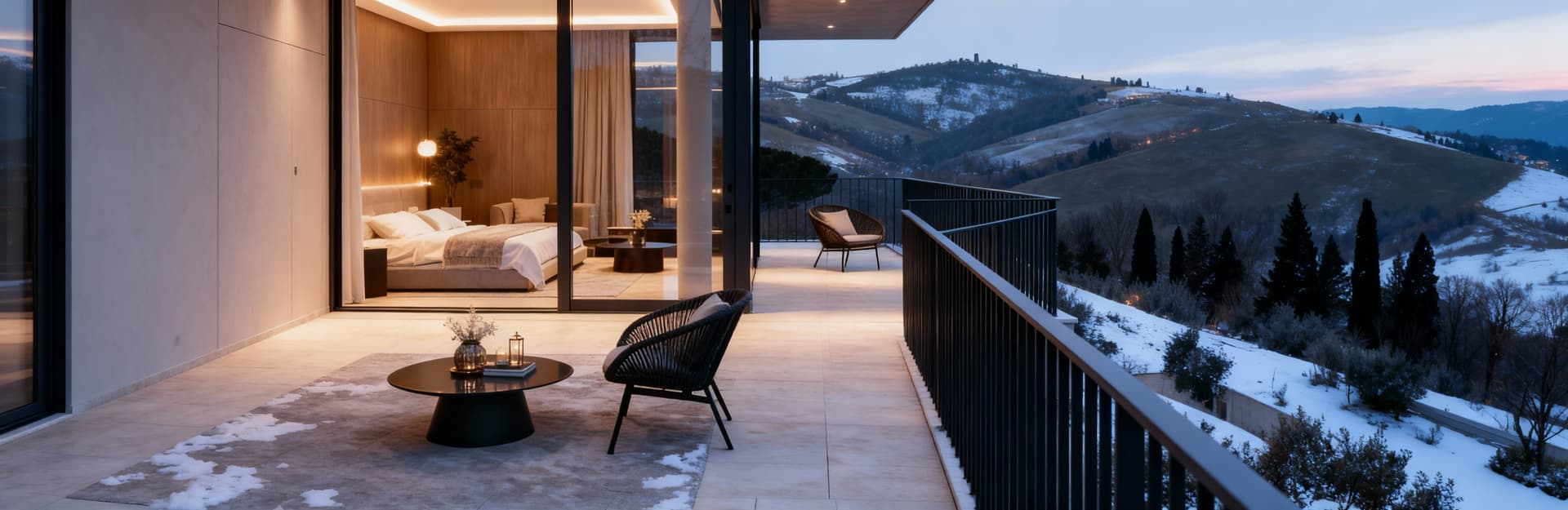 Attico moderno a Prato, illuminato da luce invernale, con panorama collinare e balcone arredato, stile sofisticato e linee minimaliste.