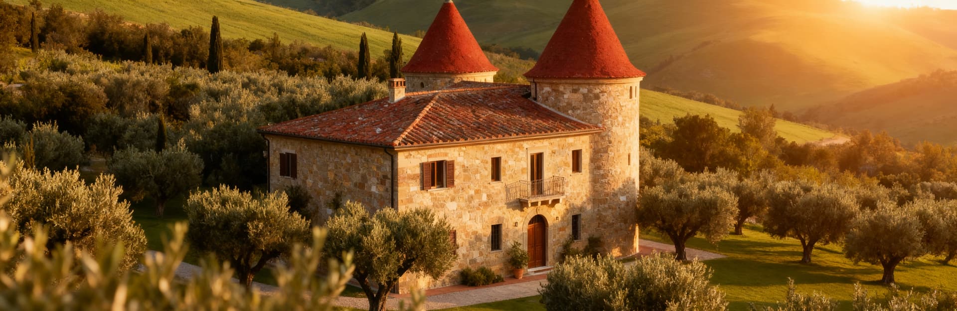 Elegante villa toscana in vendita a Siena, circondata da ulivi e colline verdi, illuminata dalla luce del mattino.