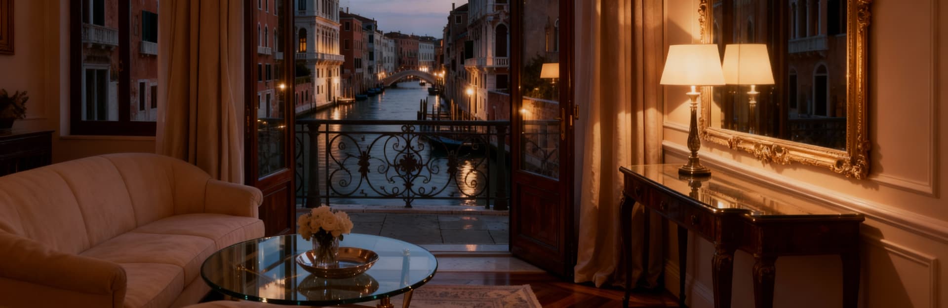 Attico raffinato a Venezia con vista sui canali e dettagli in vetro e legno, atmosfera romantica al tramonto.