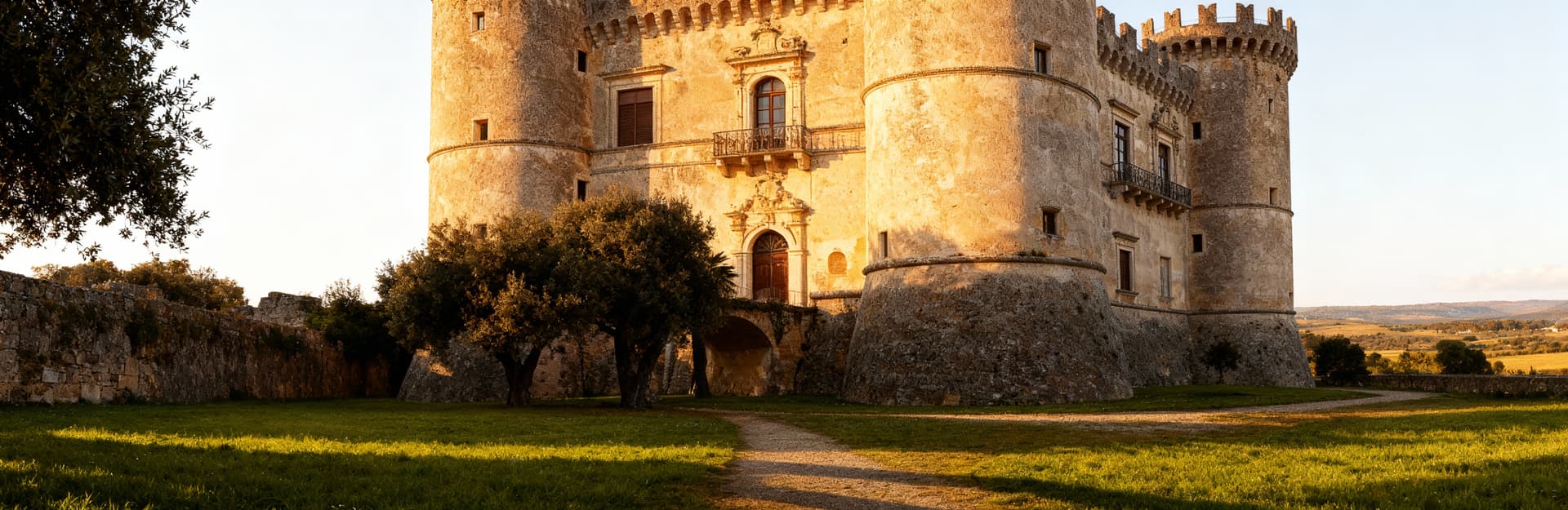 Castello in vendita in Basilicata, circondato da un parco secolare, con torri e merlature sotto un cielo sereno.