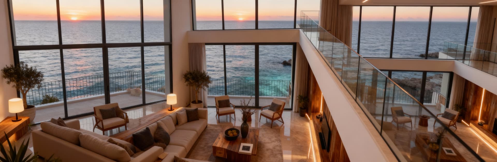 Attico panoramico in Calabria con vetrate sul mare, interni moderni luminosi e dettagli in legno, immerso nella luce del tardo pomeriggio.