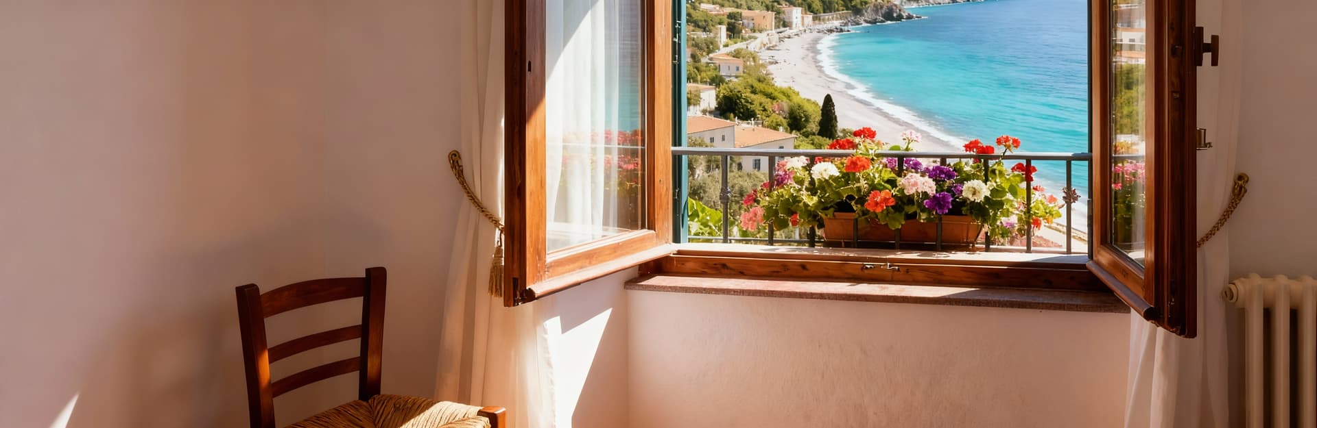 Appartamento in vendita in Liguria con vista mare, ampie finestre, balcone fiorito e interni accoglienti in legno e intonaco chiaro.