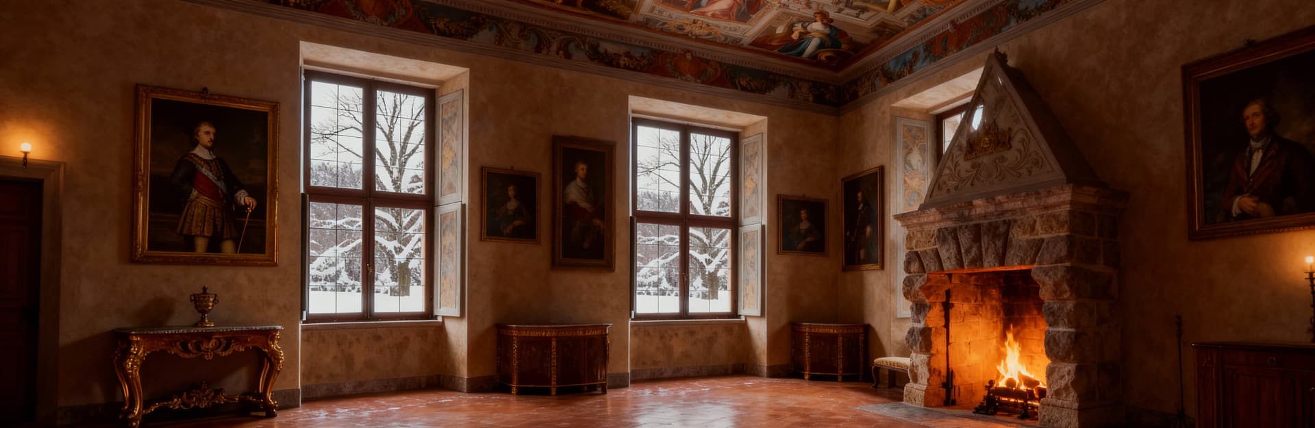 Interno di un castello lombardo in vendita, con soffitti affrescati, pavimenti in cotto e luce invernale che illumina il camino.