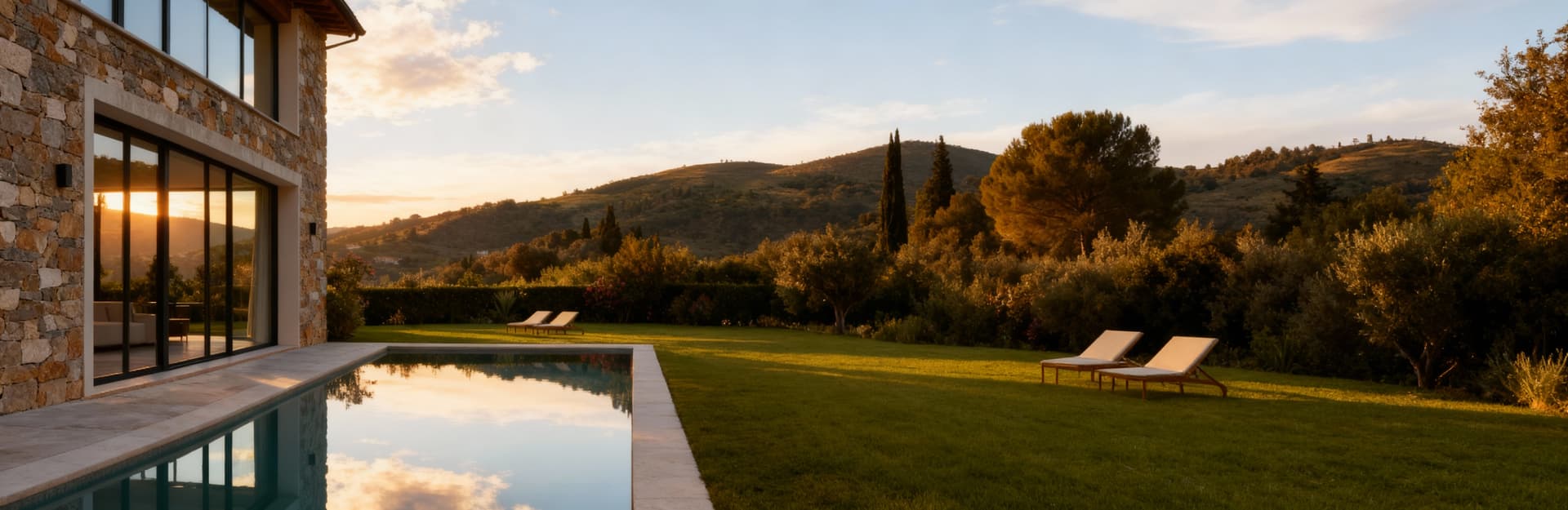 Villa in vendita in Liguria con giardino e piscina, realizzata in pietra e vetro, vista panoramica sulle colline.